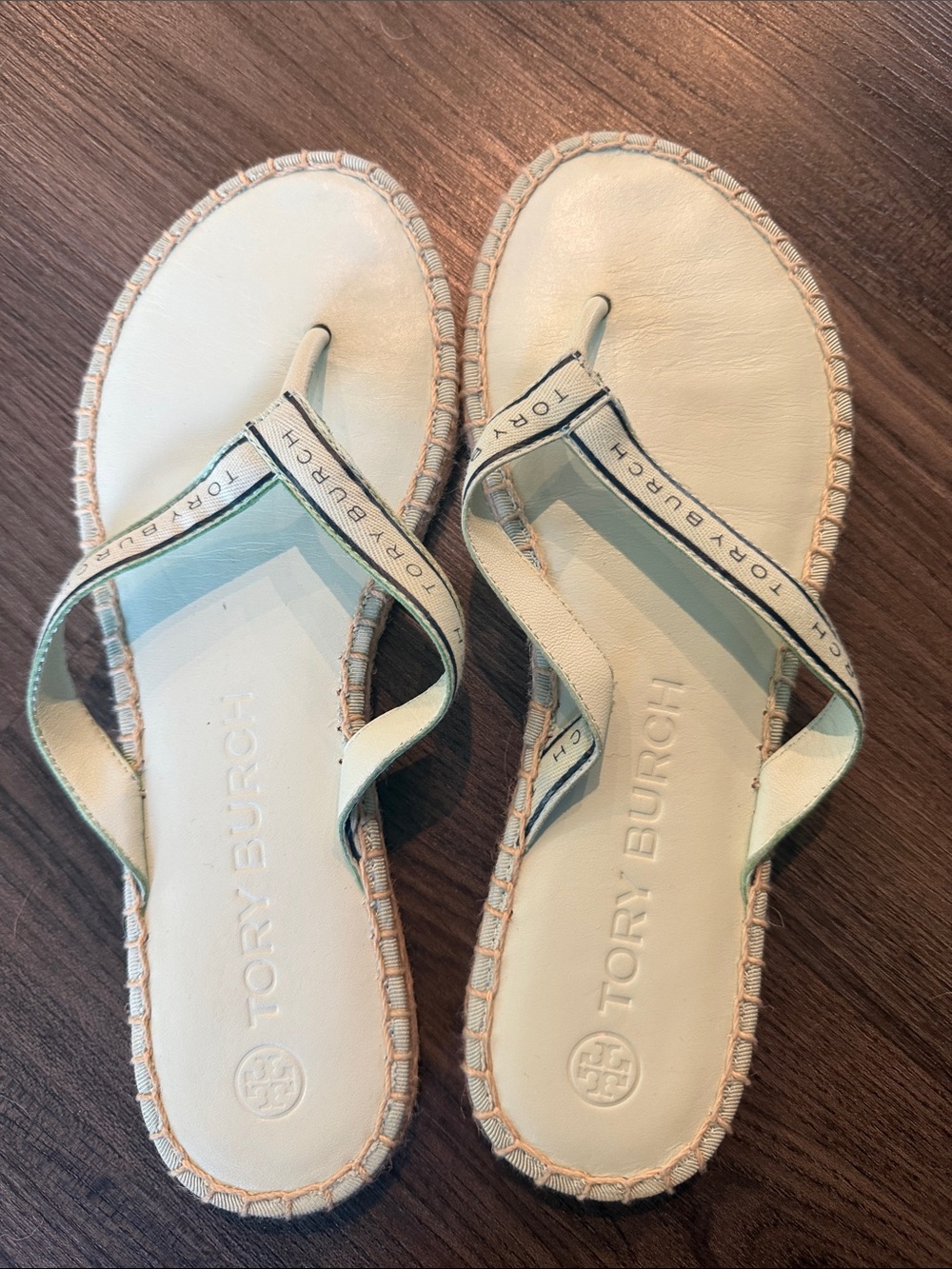 Tory Burch Pale Mint Leather Flip Sandals with Logo Trim